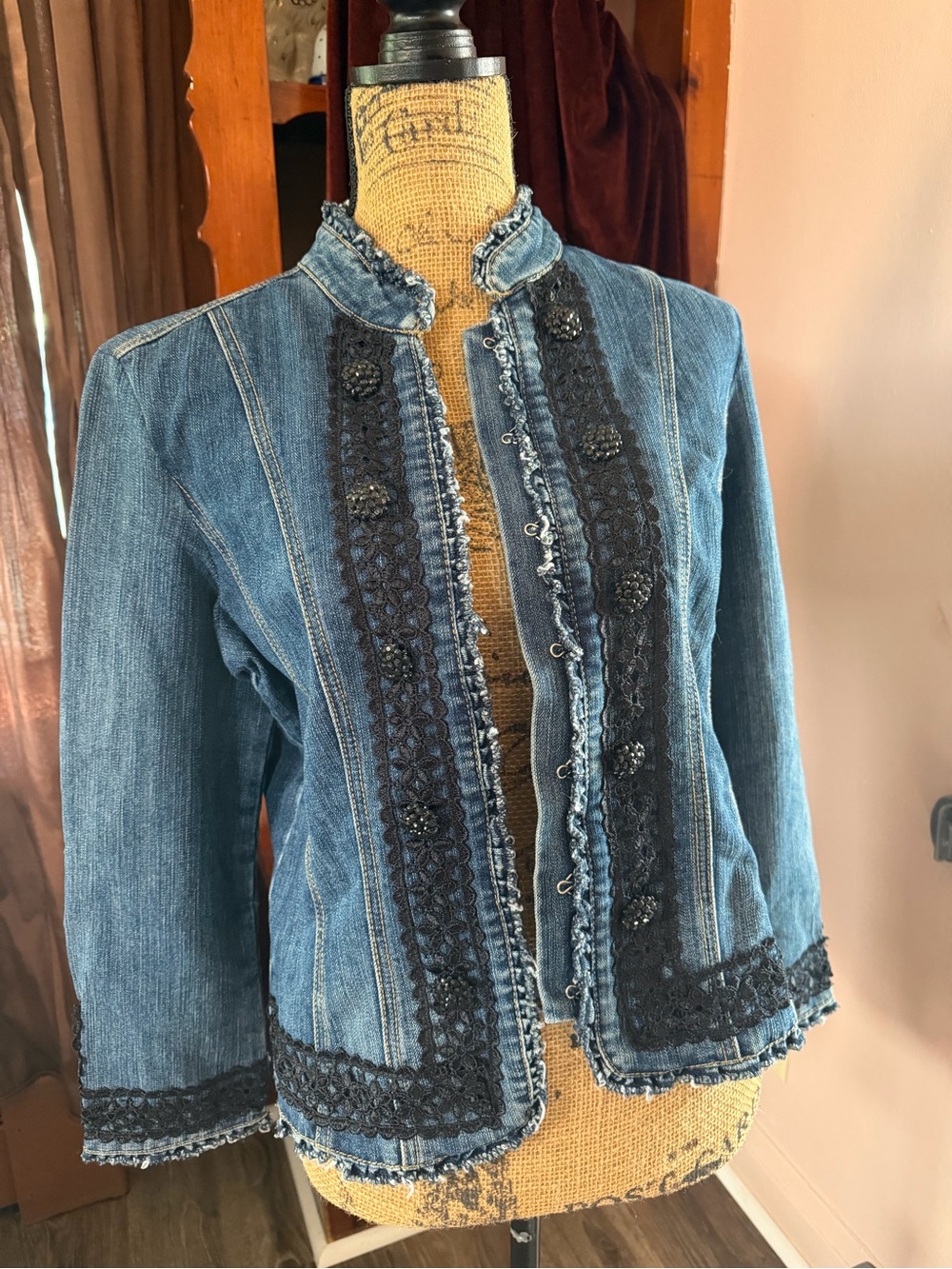 Baccini Blue Denim Jacket with Black Crochet Trim